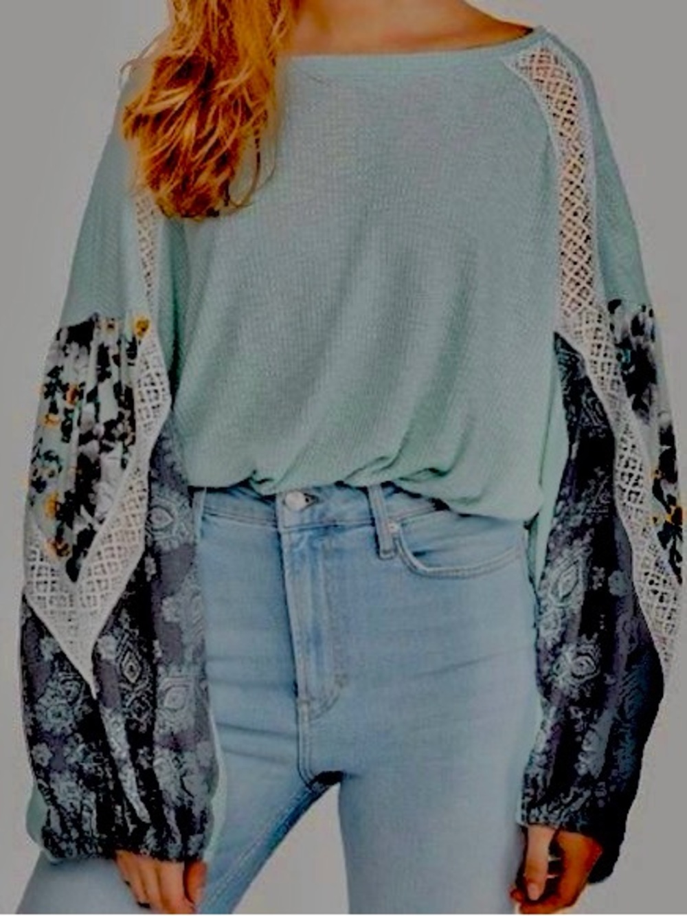 NWT- Free People Mint Green Boho Lace Sleeve Pullover
